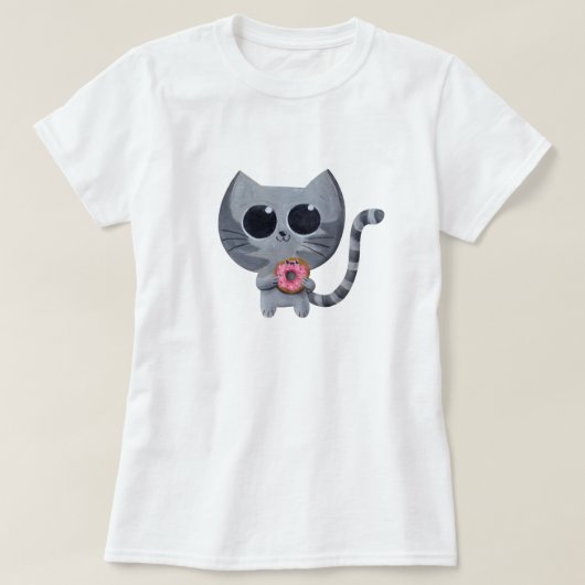 かわいい灰色猫およびドーナツ Tシャツ (デザイン正面)