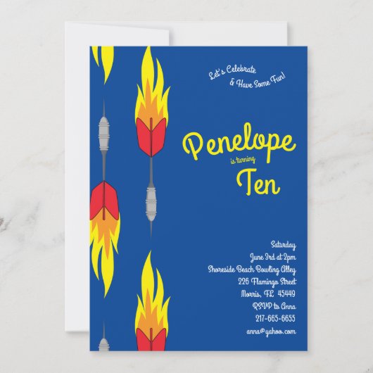 かわいい炎のダーツ子供の誕生日パーティー 招待状 (正面)