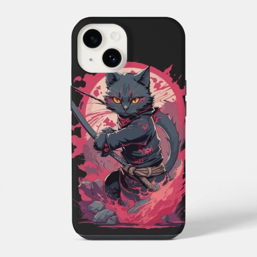 かわいい炎スプラッシュ 黒忍者 猫戦士 iPhoneケース (裏面)