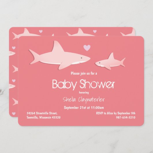 かわいい無地のシャークピンク背景ベビーシャワー 招待状 (正面/裏面)
