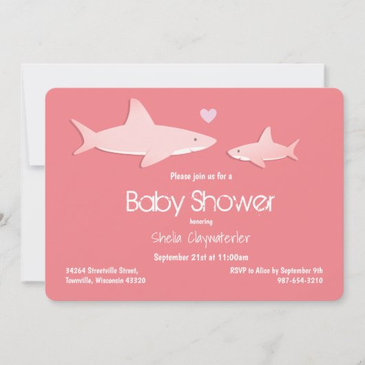 かわいい無地のシャークピンク背景ベビーシャワー 招待状 (正面)