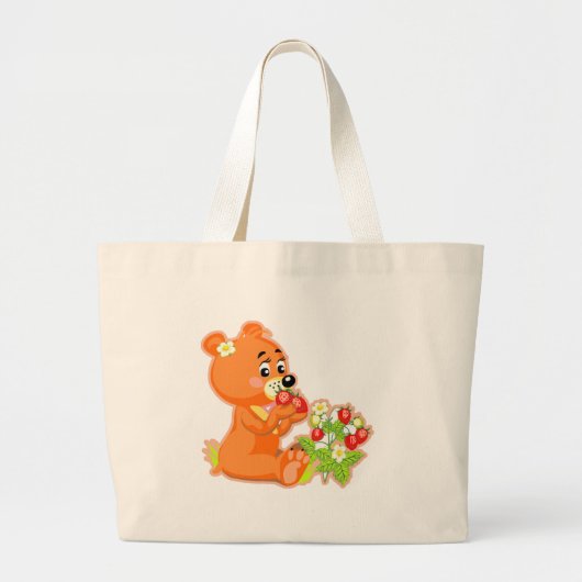 かわいい熊がイチゴを食べている ラージトートバッグ (正面)