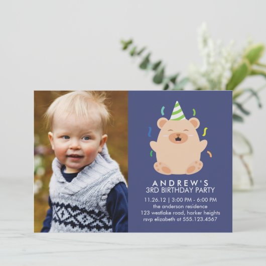 かわいい熊カスタムの写真誕生日パーティー 招待状 (スタンド正面)
