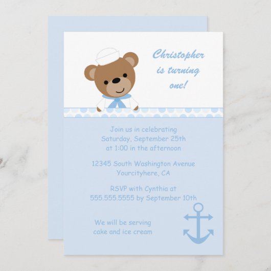 かわいい熊セーラーボーイの誕生日パーティーの招待 招待状 (正面/裏面)
