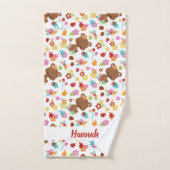 かわいい熊葉と女子の名パーソナライズされた前 バスタオルセット (ハンドタオル)