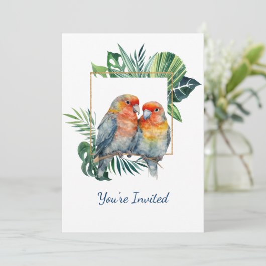 かわいい熱帯のオウム結婚の記念日 招待状 (スタンド正面)