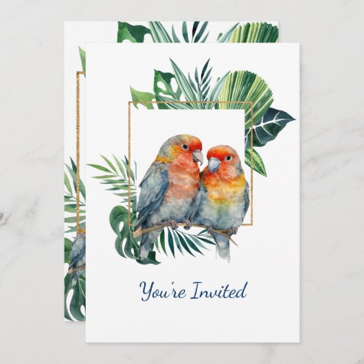 かわいい熱帯のオウム結婚の記念日 招待状 (正面/裏面)