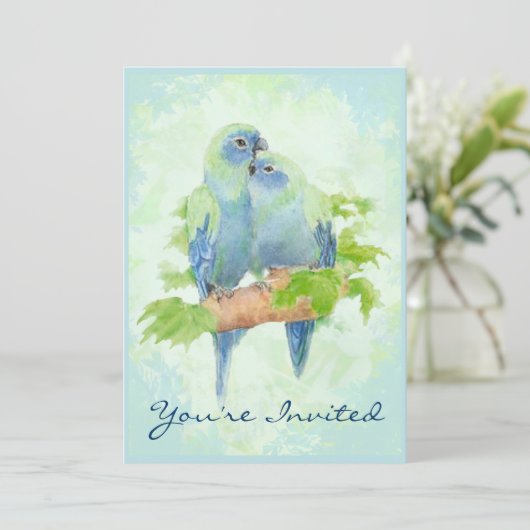 かわいい熱帯のオウム結婚の記念日 招待状 (スタンド正面)