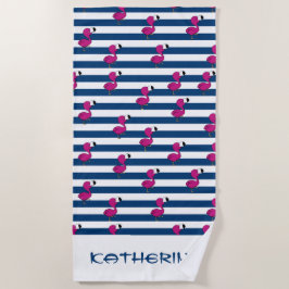 かわいい熱帯ピンクのベビーフラミンゴのネイビーストライプのブルー ビーチタオル