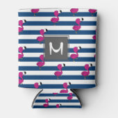 かわいい熱帯ピンクのベビーフラミンゴのネイビーストライプのブルー 缶クーラー (正面)