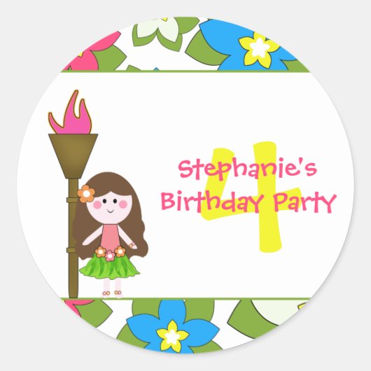 かわいい熱帯フラの女の子の誕生日パーティステッカー ラウンドシール (正面)