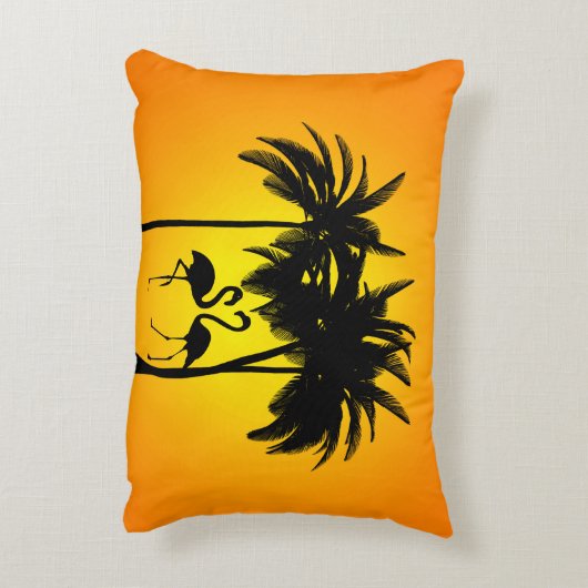 かわいい熱帯フラミンゴとヤシの木々の景勝 アクセントクッション (裏面(縦))