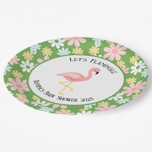 かわいい熱帯フラミンゴとレトロデイジー花 ペーパープレート (アングル)