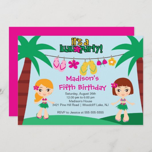 かわいい熱帯ルアウ（ハワイ式宴会）のパーティーの誕生日の招待状 招待状 (正面/裏面)