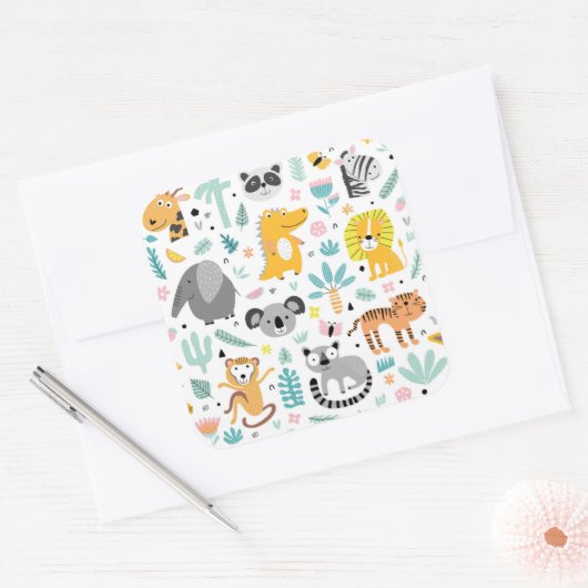 かわいい熱帯雨林動物 スクエアシール (封筒)