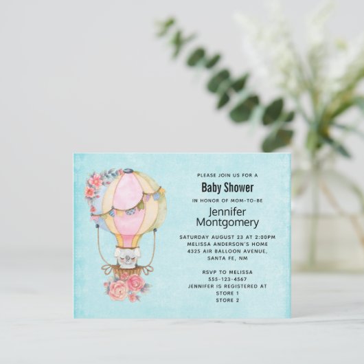 かわいい熱気球の水の色ベビーシャワー インビテーションポストカード (スタンド正面)