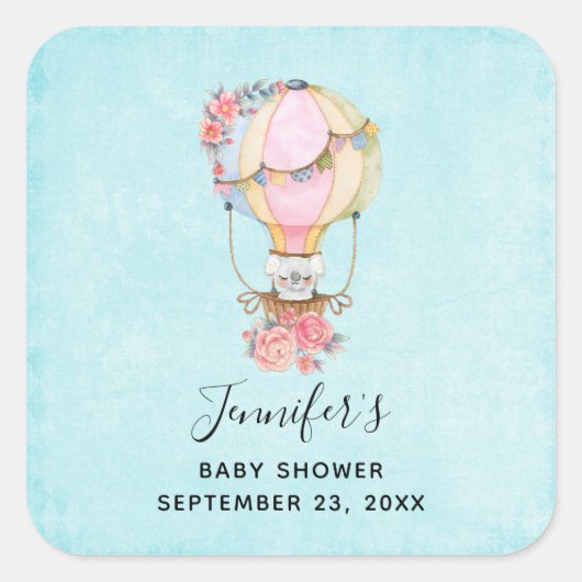 かわいい熱気球の水の色ベビーシャワー スクエアシール (正面)