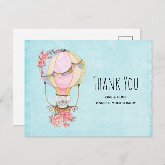 かわいい熱気球の水色ありがとう ポストカード (正面/裏面)