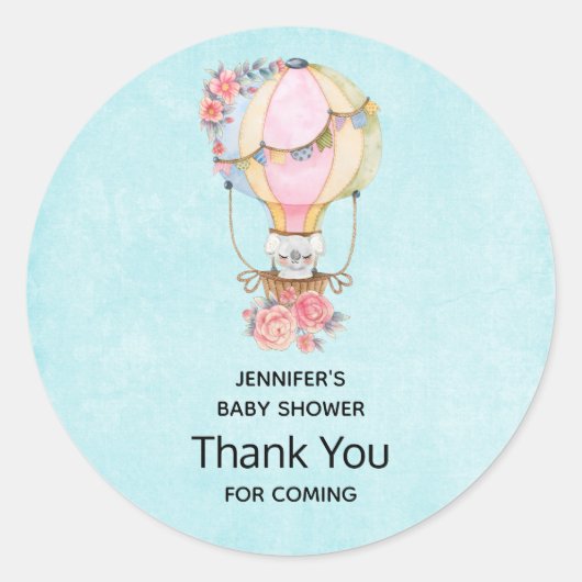 かわいい熱気球の水色ありがとう ラウンドシール (正面)
