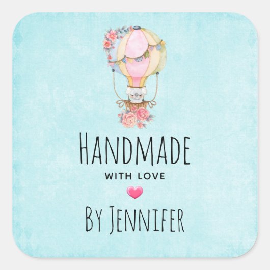 かわいい熱気球の水色で手作り スクエアシール (正面)