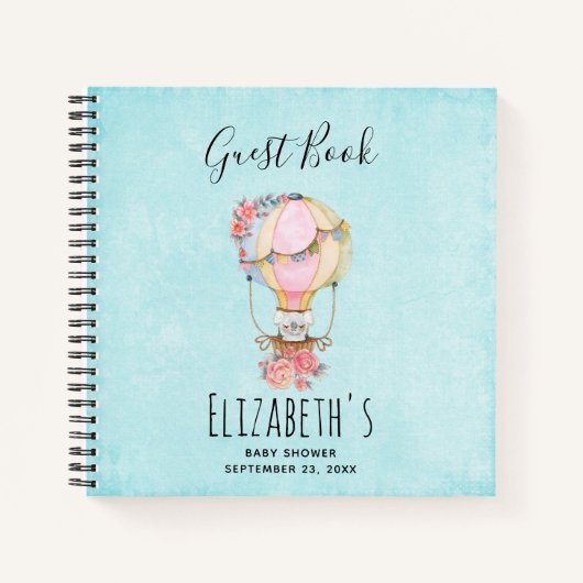 かわいい熱気球の水色シャワーゲストブック ノートブック (正面)