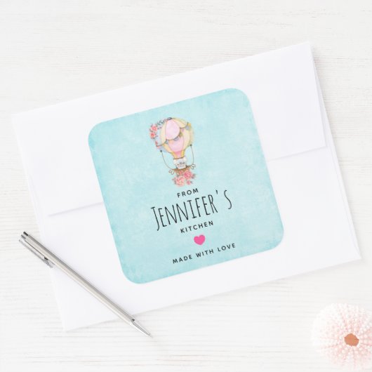 かわいい熱気球ウォーターカラーキッチン スクエアシール (封筒)