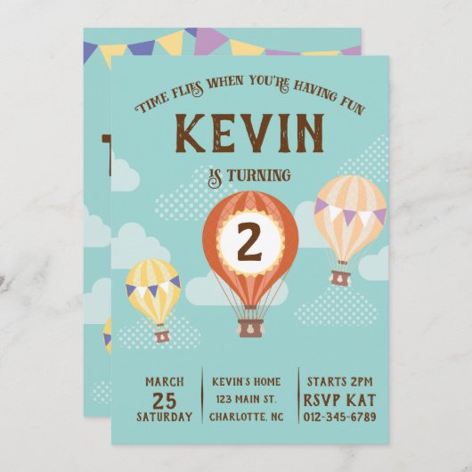 かわいい熱気球誕生日。 招待状 (正面/裏面)