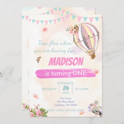 かわいい熱気球1st水彩誕生日RSVP 招待状 (正面/裏面)