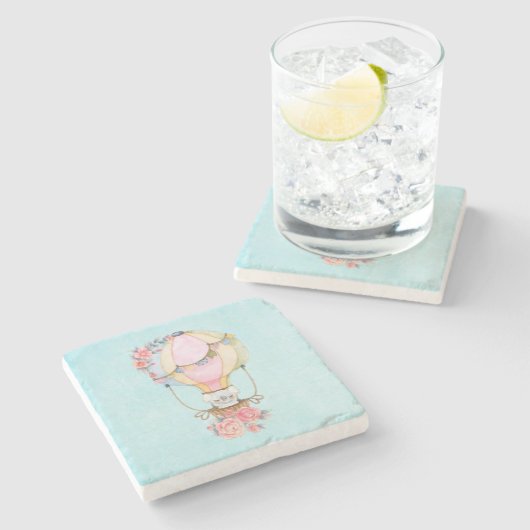 かわいい熱気球（ベアウォーター色） ストーンコースター (横)