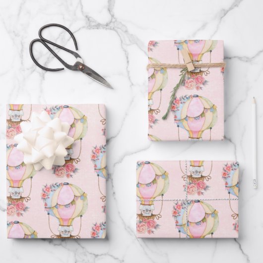 かわいい熱気球（ベアウォーター色） ラッピングペーパーシート (正面)