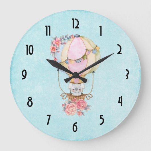 かわいい熱気球(ベアウォーター色) ラージ壁時計 (正面)