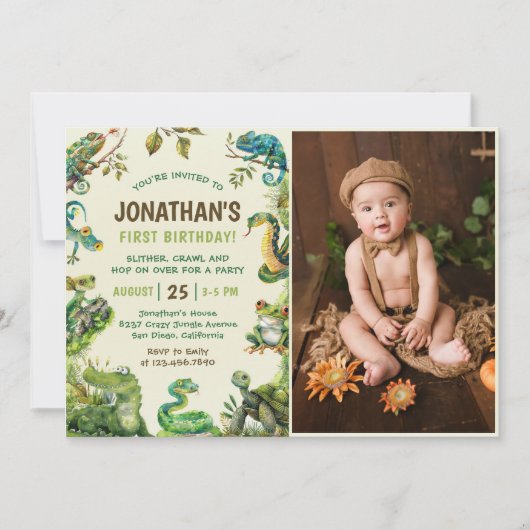 かわいい爬虫類をテーマにした子どもの誕生日パーティーの写真 招待状 (正面)