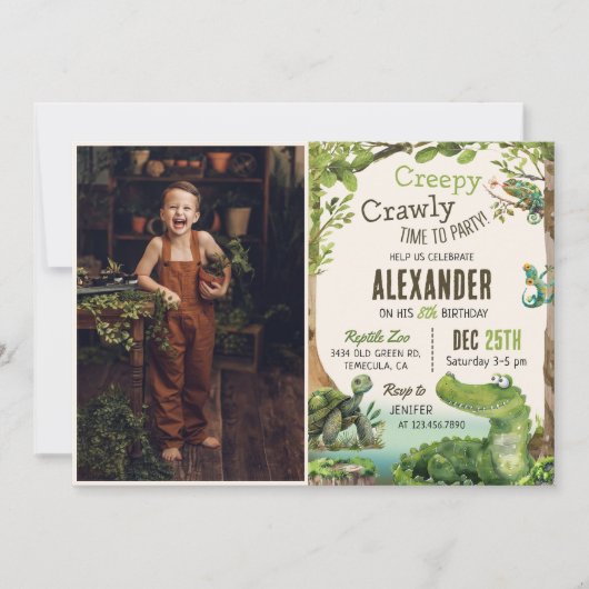 かわいい爬虫類をテーマにした子どもの誕生日パーティーの写真 招待状 (正面)