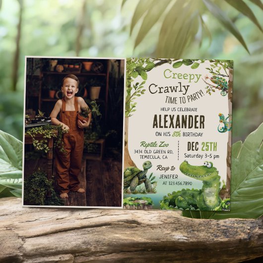 かわいい爬虫類をテーマにした子どもの誕生日パーティーの写真 招待状