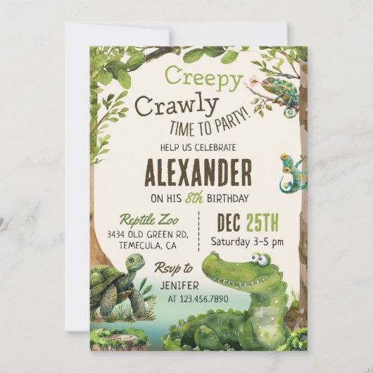 かわいい爬虫類をテーマにした子どもの誕生日パーティー 招待状 (正面)