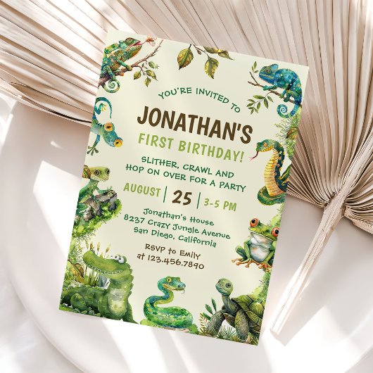 かわいい爬虫類をテーマにした子どもの誕生日パーティー 招待状