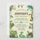 かわいい爬虫類をテーマにした子どもの誕生日パーティー 招待状 (正面)