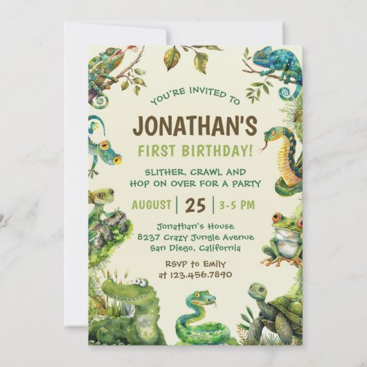 かわいい爬虫類をテーマにした子どもの誕生日パーティー 招待状 (正面)