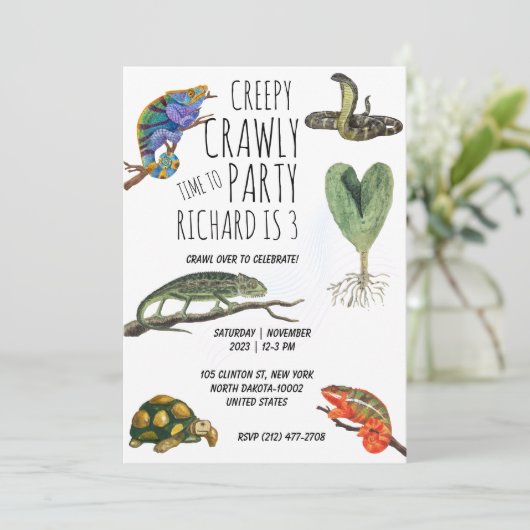 かわいい爬虫類をテーマにした子どもの誕生日パーティー 招待状 (スタンド正面)