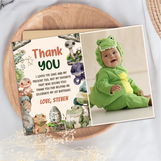 かわいい爬虫類をテーマにした子供の誕生日パーティーの写真 サンキューカード