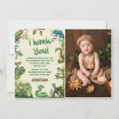 かわいい爬虫類をテーマにした子供の誕生日写真 サンキューカード (正面)