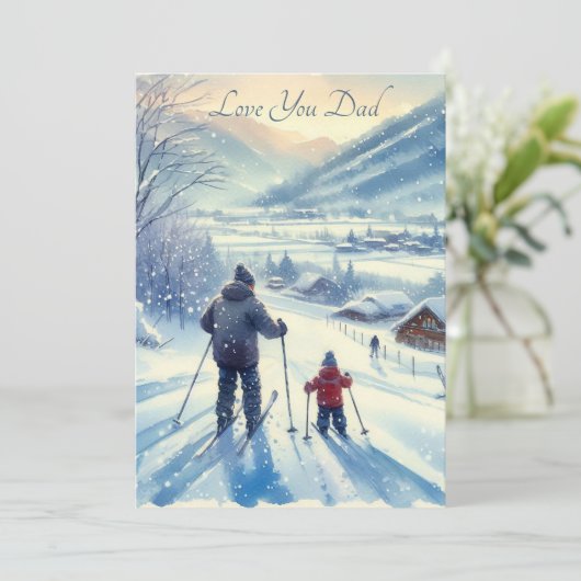 かわいい父と息子が水彩画を一緒にスキー シーズンカード (スタンド正面)