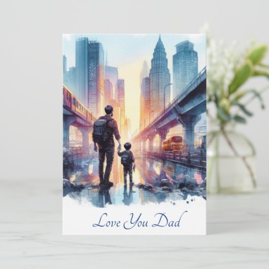 かわいい父と息子が街を探索する水彩画 シーズンカード (スタンド正面)