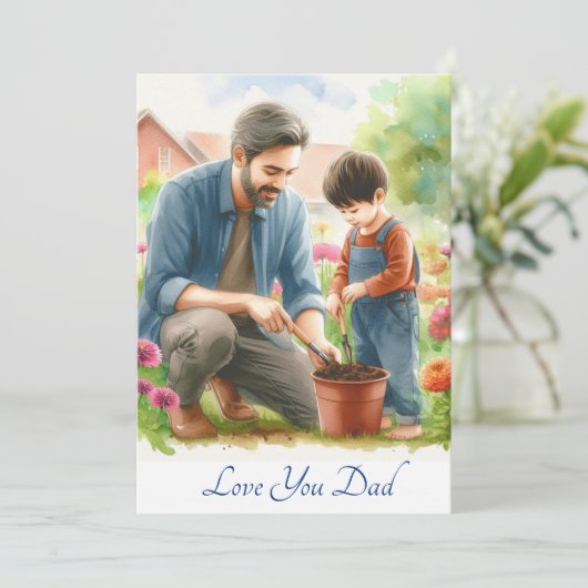 かわいい父と息子のガーデニング一緒に水彩 シーズンカード (スタンド正面)
