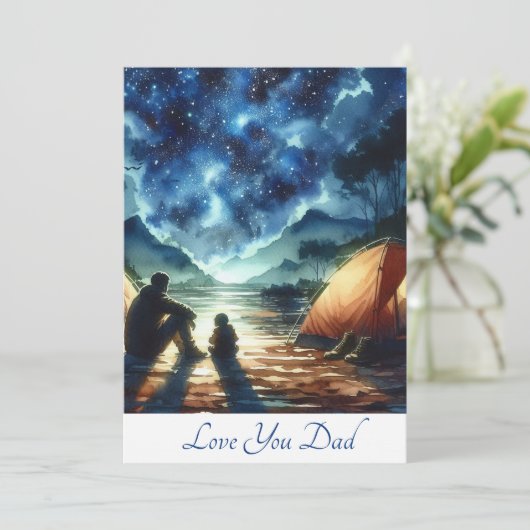 かわいい父と息子一緒にキャンピング水彩画 シーズンカード (スタンド正面)