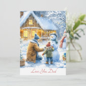 かわいい父と息子建物雪だるま水彩色 シーズンカード (スタンド正面)