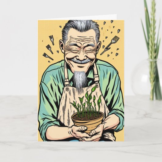 かわいい父の日 | 植物を持つアジアのお父さん カード (正面)