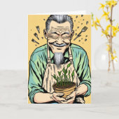 かわいい父の日 | 植物を持つアジアのお父さん カード (黄色い花)