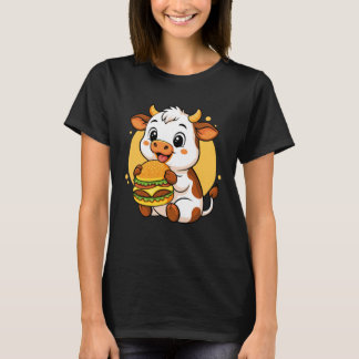 かわいい牛がハンバーガーを食べる面白いかわいい動物の食べ物ル Tシャツ
