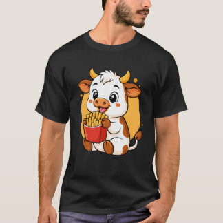 かわいい牛がフライドポテトを食べる面白いカワイイ動物フードラブ Tシャツ